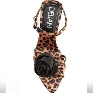 Deltan Dressy Sandals 10 Brown Satin Amayah Leopard Print Black Rosette New $110